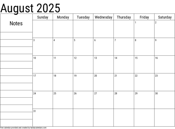 2025 Calendar Printable Notes