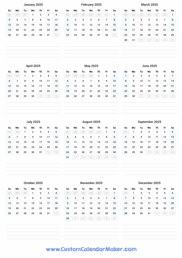 2025 Monthly Calendar Printable Vertical