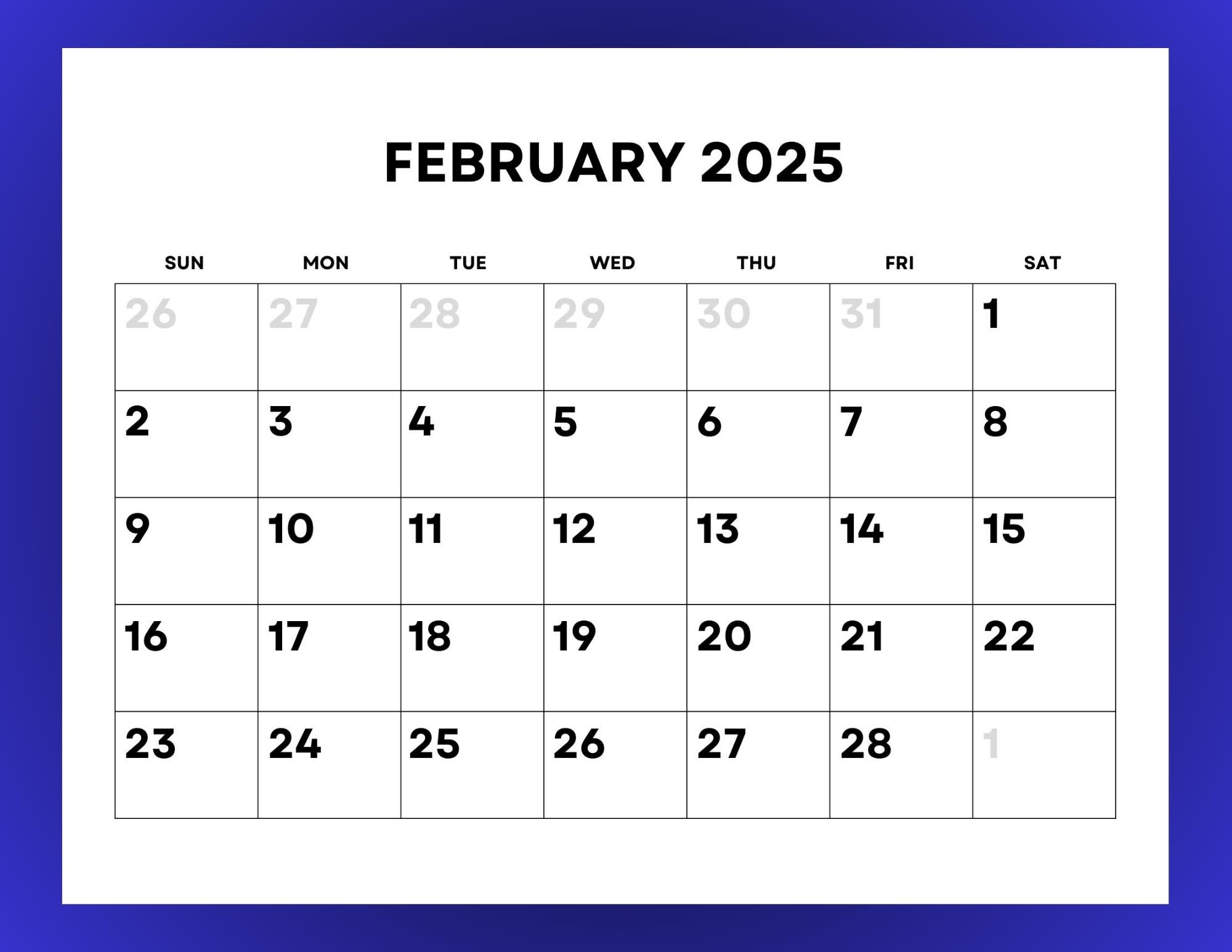 2025 Calendar Monthly Printable With Large Numbers Etsy