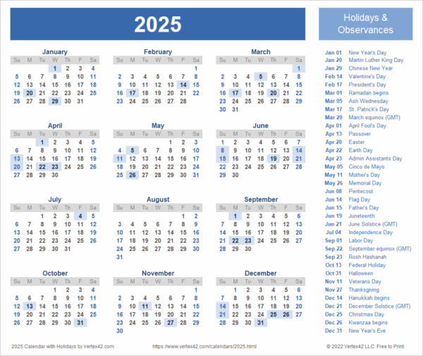 2025 Calendar Excel With Holidays