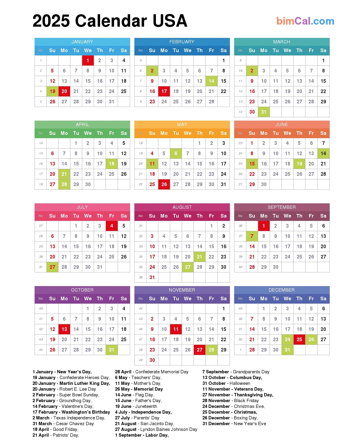 2025 Calendar USA BimCal