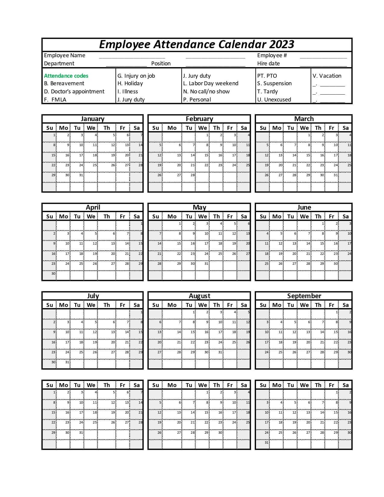 2025 Attendance Calendar Excel Printable