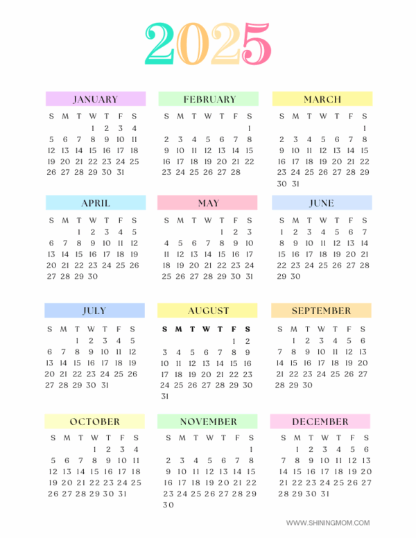 2025 Yearly Calendar Printable One Page