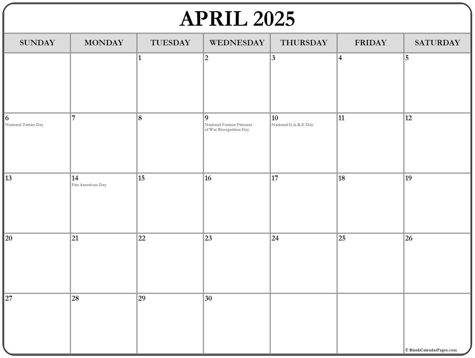 April 2025 With Holidays Calendar