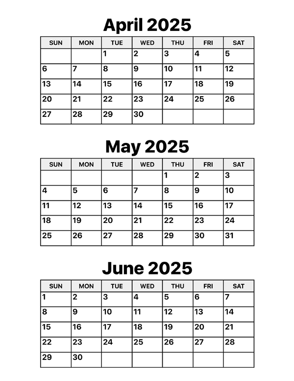 April May And June 2025 Calendar Calendar Options