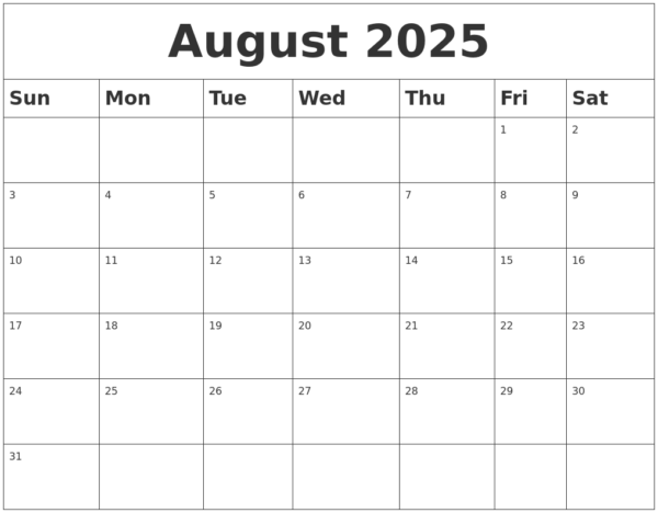 August 2025 Calendar Blank
