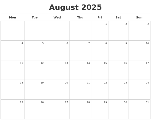 August 2025 Calendar Starting Monday
