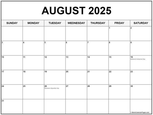August 2025 Calendar Special Days