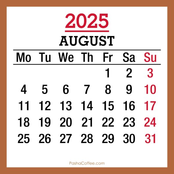 2025 Calendar Month Of August