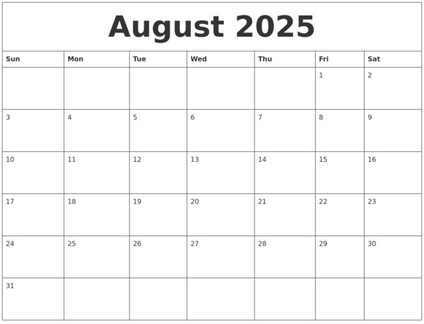 Blank Calendar Template August 2025