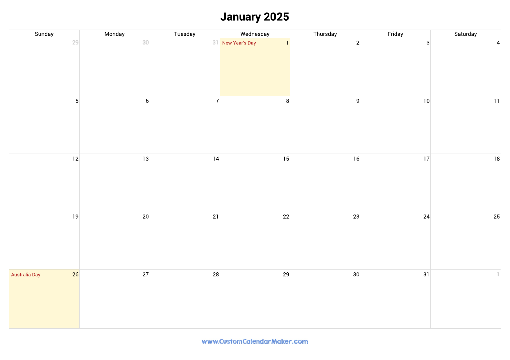 Calendar 2025 Australia January Alika Alexine