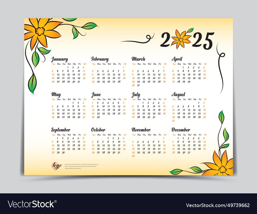 Calendar 2025 Template Yellow Flowers Design Vector Image