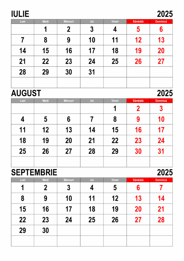 Calendar Iulie August 2025