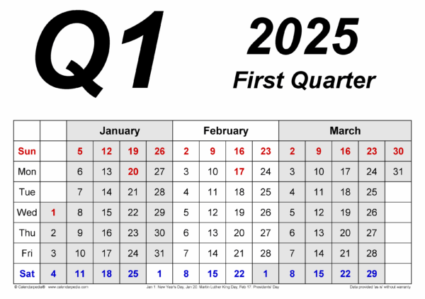 Q1 2025 Calendar Template