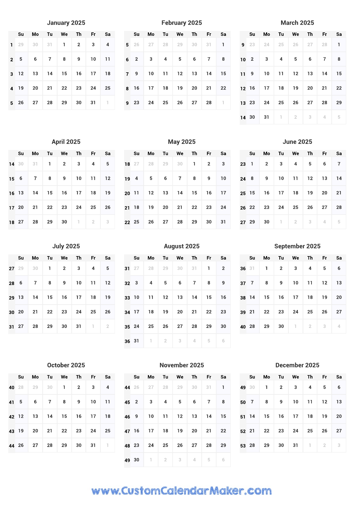 2025 Calendar With Week Numbers Starting Monday