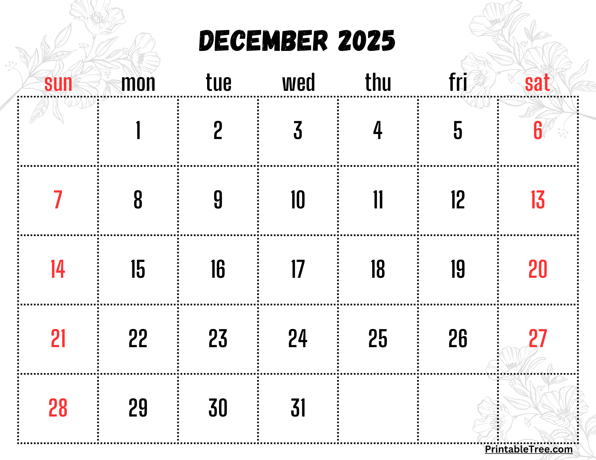 December 2025 Calendar Printable PDF Template With Holidays December 2025 Calendar Printable PDF Template With Holidays