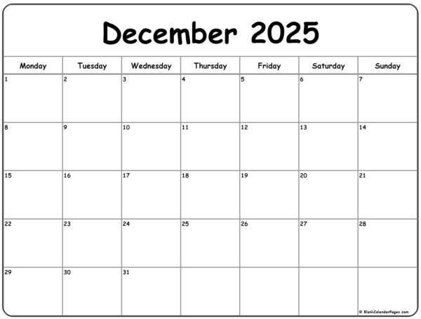 December 2025 Calendar Starting Monday