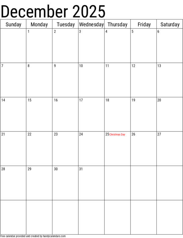 December 2025 Calendar Vertical