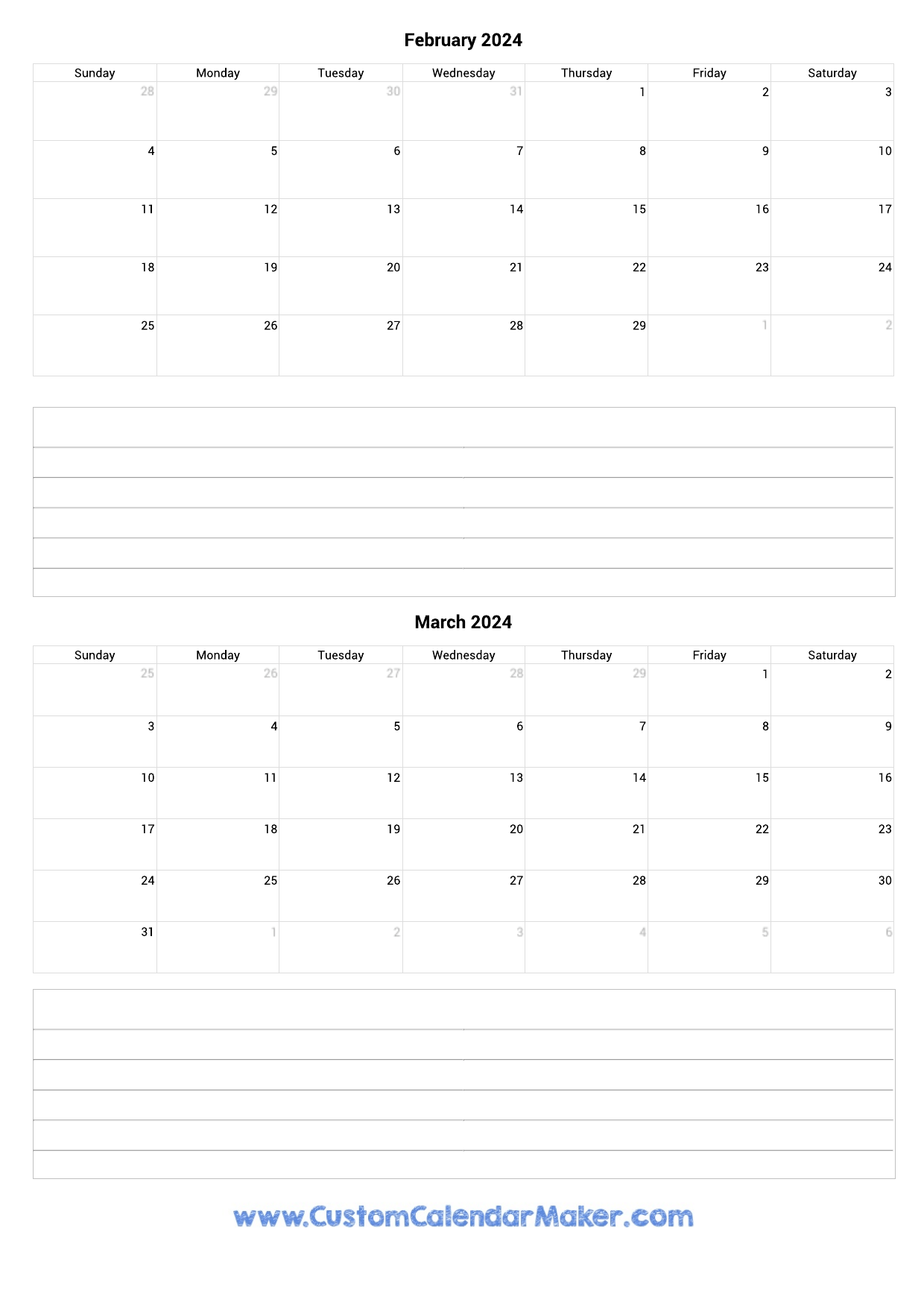 February To March 2024 Calendar Template With Notes February To March 2024 Calendar Template With Notes
