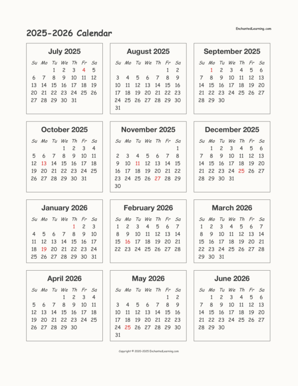 Calendar August 2025 June 2026