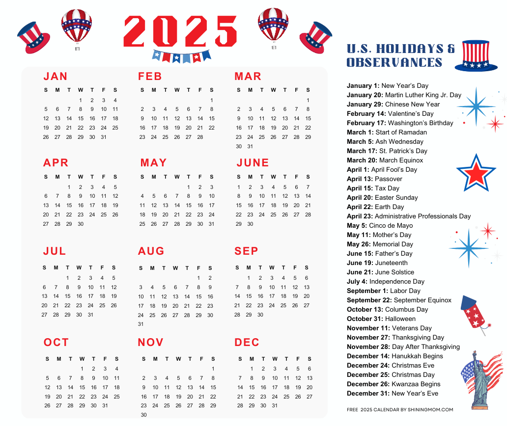 Free 2025 Calendar With Holidays In The USA