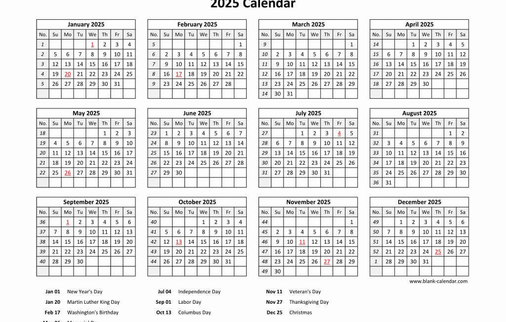 Free Download Printable Calendar 2025 With US Federal Holidays One Page Horizontal