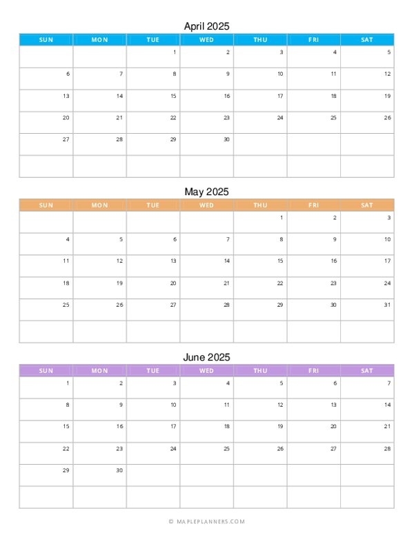 Free Printable Quarterly Monthly Calendar 2025 April To June Free Printable Quarterly Monthly Calendar 2025 April To June