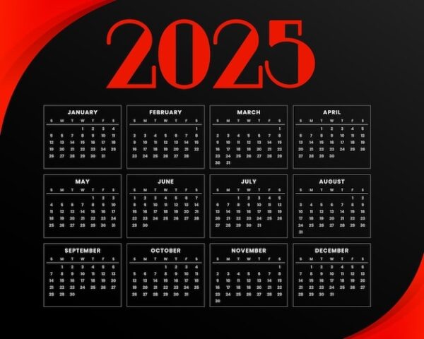 2025 Calendar Black Background