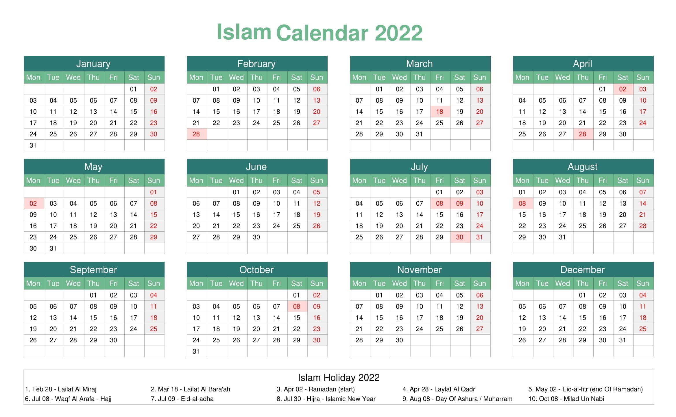 Islamic 2022 Calendar Calendar Dream
