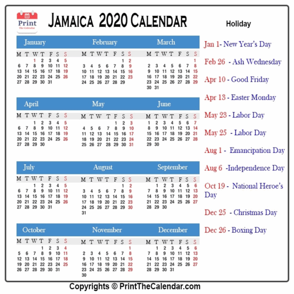 2025 Calendar With Holidays Jamaica