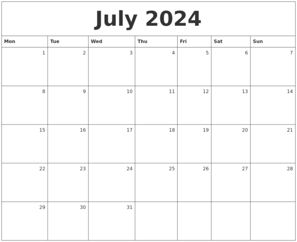 2025 Calendar Month Of July