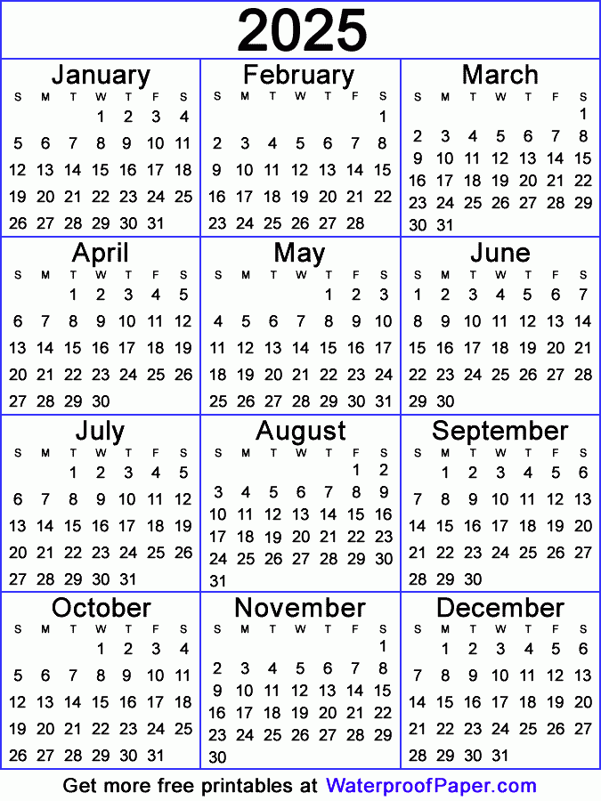 One Page Calendar Free Printable For 2025