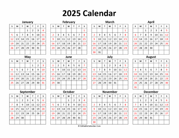 2025 Calendar Printable Editable
