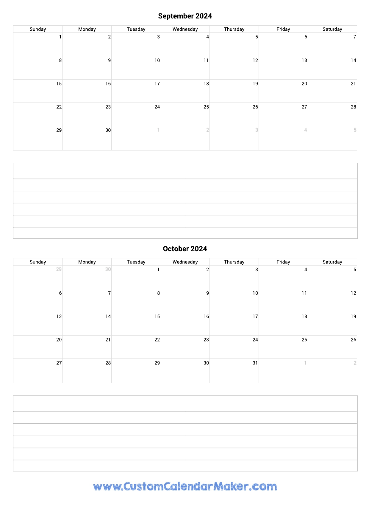 September To October 2024 Calendar Template With Notes September To October 2024 Calendar Template With Notes