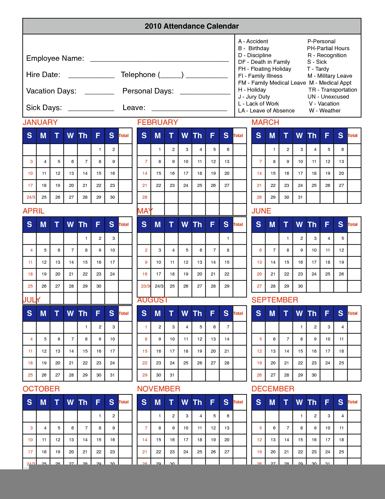Vacation Calendar Template For Employees