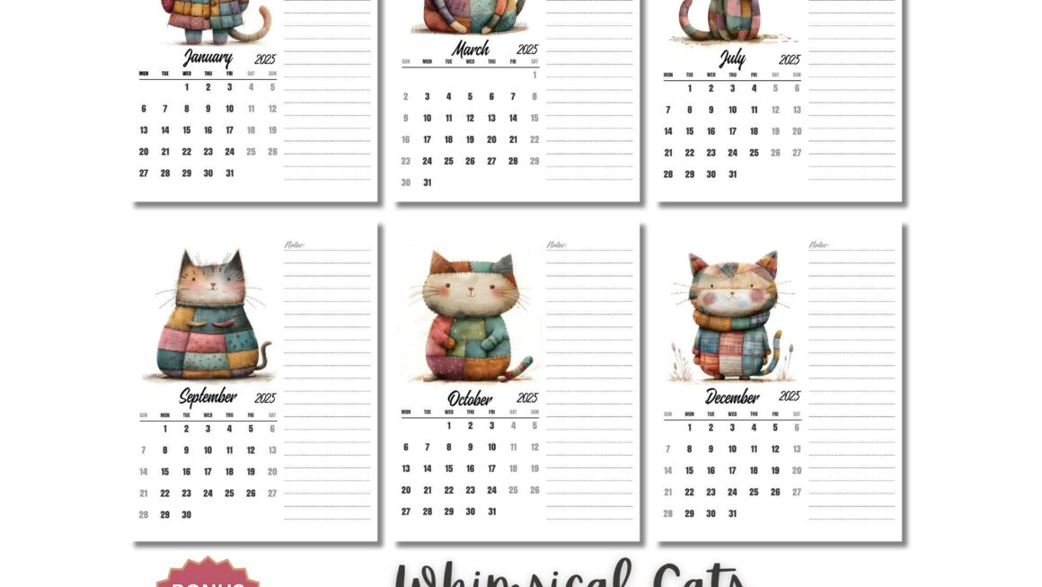 Whimsical Cat Calendar 2025 Cute Kitten Calendar Monday And Sunday Start Printable Monthly Calendar A4 Letter Size Etsy