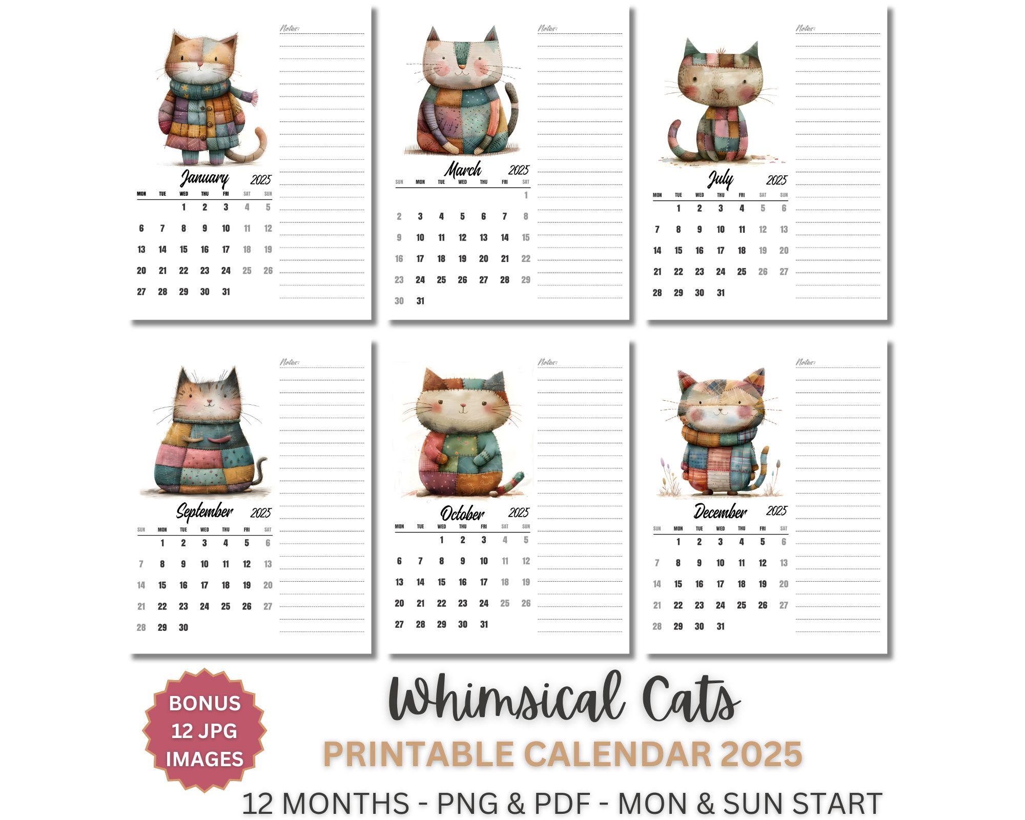 Whimsical Cat Calendar 2025 Cute Kitten Calendar Monday And Sunday Start Printable Monthly Calendar A4 Letter Size Etsy