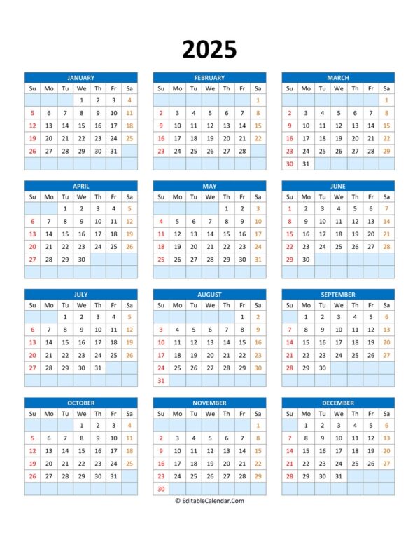 2025 Calendar Template With Holidays