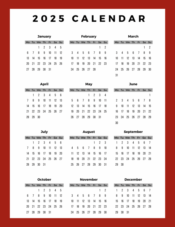 Working Days 2025 Calendar