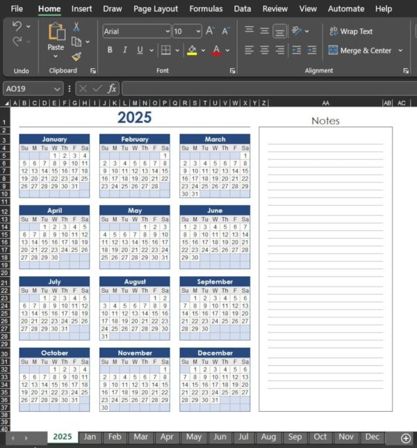 2025 Calendar In Excel Free