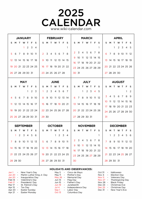 Calendar Dates 2025 With Holidays