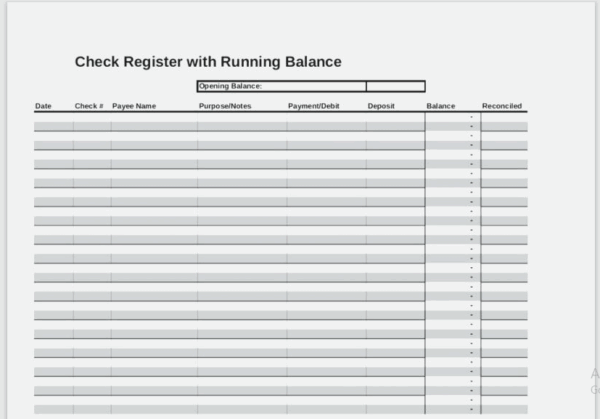 Blank Check Register With Running Balance Printable