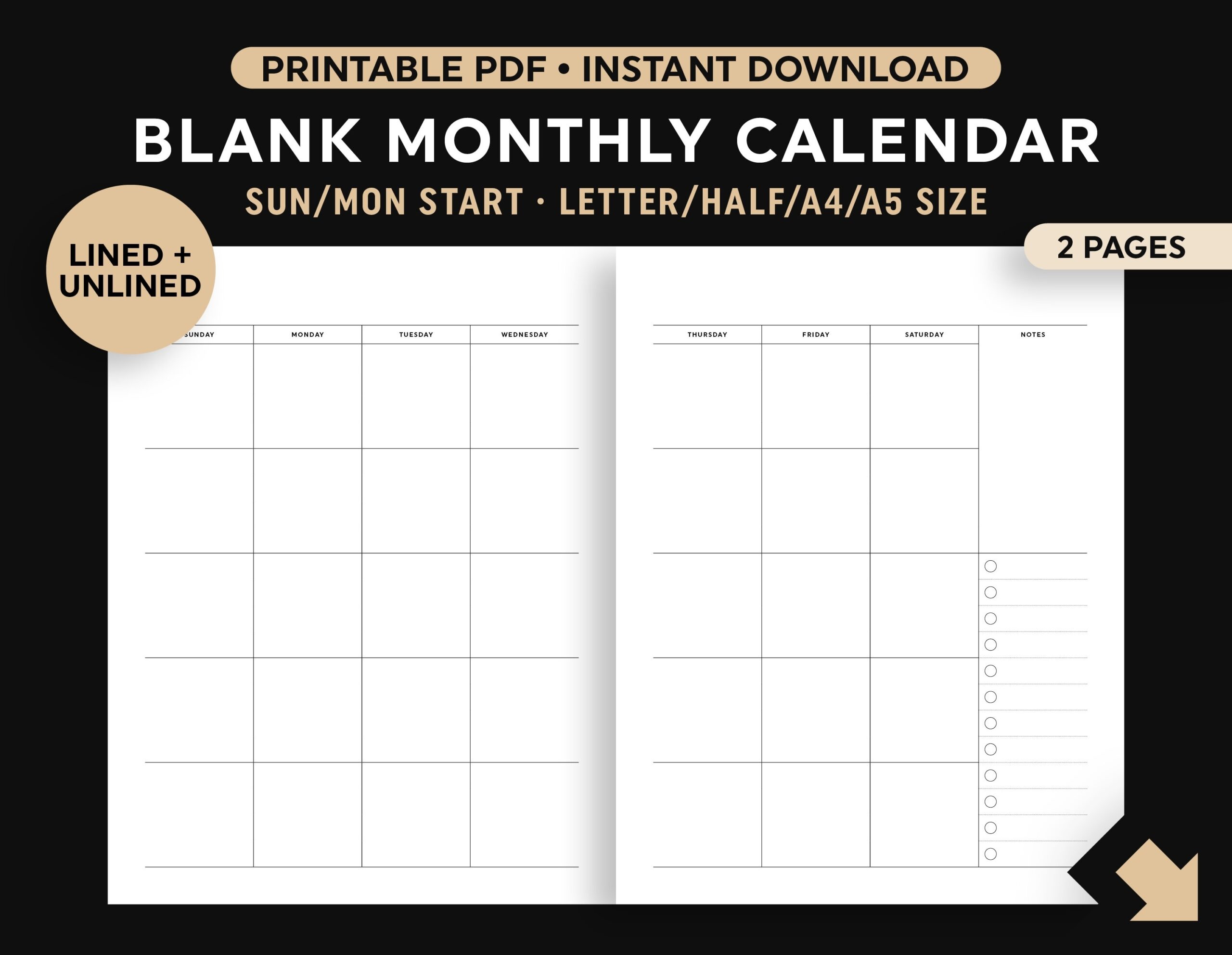 2 Page Blank Monthly Calendar Printable Two Page Month Etsy Sweden
