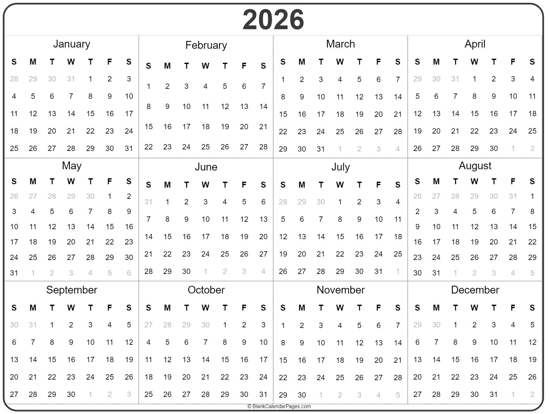 2025 2026 Blank Calendar Printable Free Images Tarek Ivy