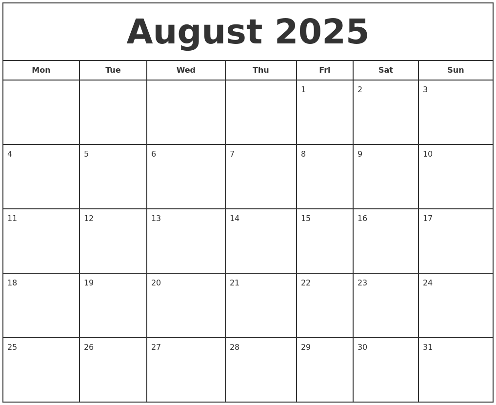 Printable Blank Weekly August Calendar 2025 Printable Blank Weekly August Calendar 2025