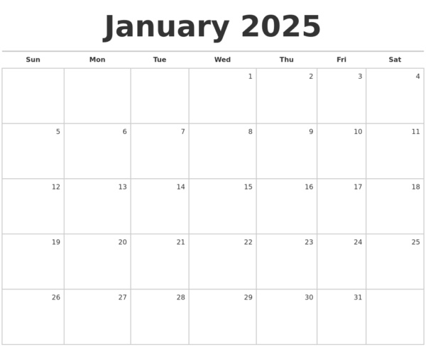 Free Printable Blank Monthly Calendar 2025 January