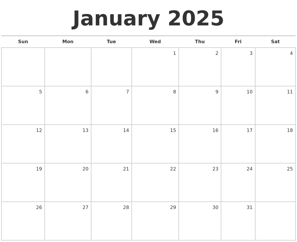 2025 Blank Calendar January 1 Amanda J Stratton