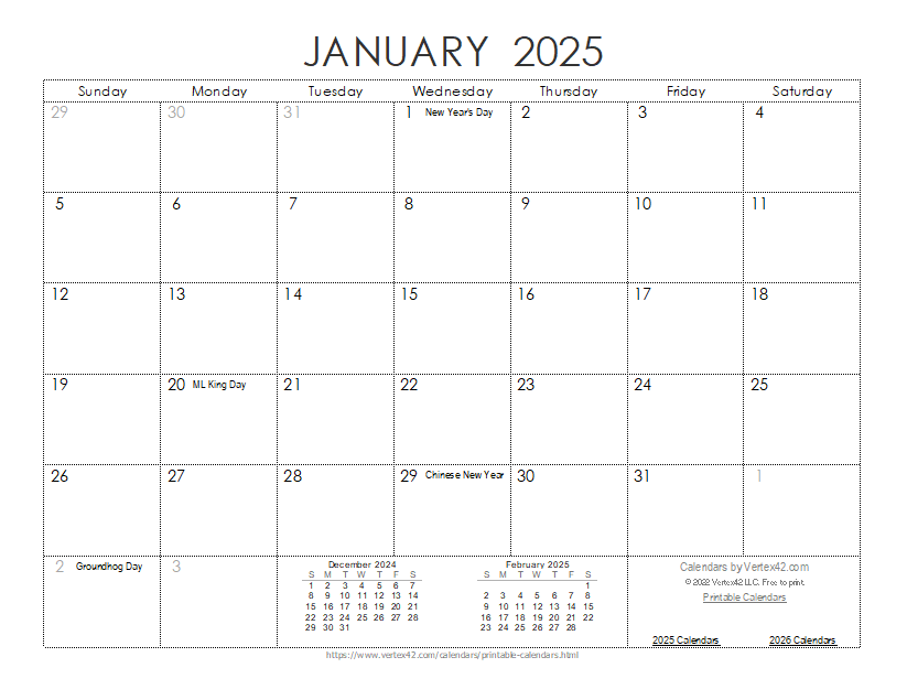 Blank Calendar 2025 With Holidays Printable