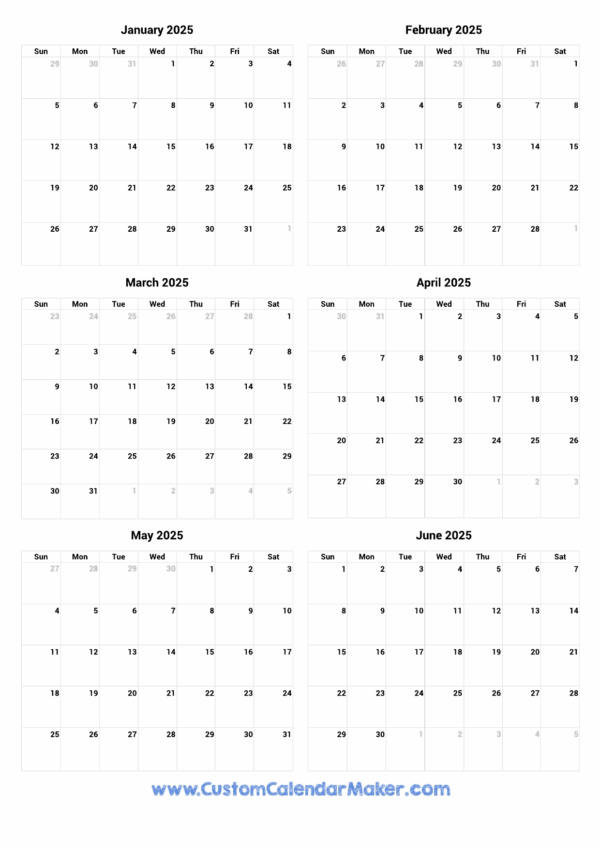 Blank Calendar January To June 2025 Printable