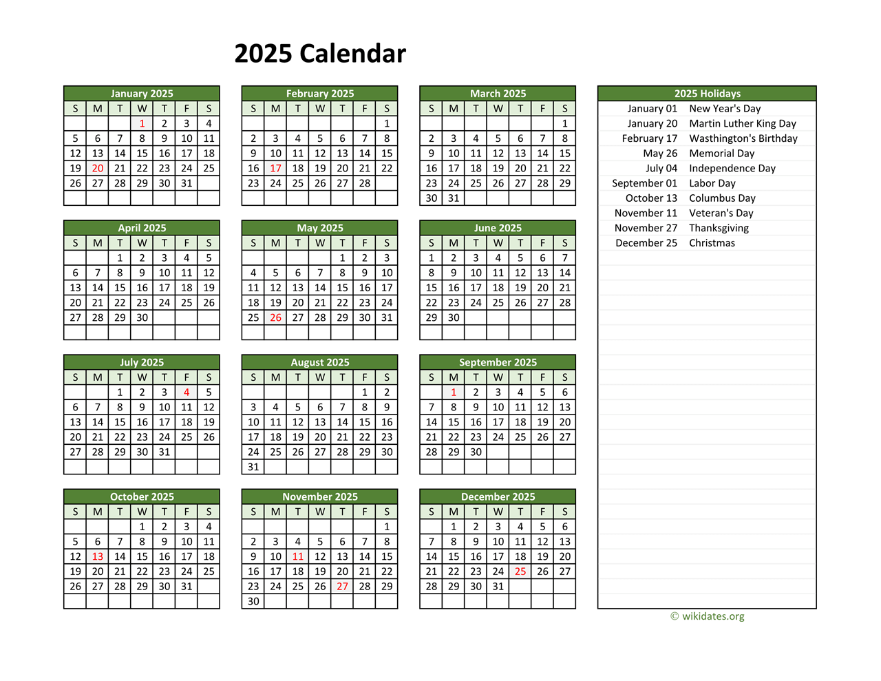 2025 Holiday Calendar Pdf Format Printable Johanne J Thomsen